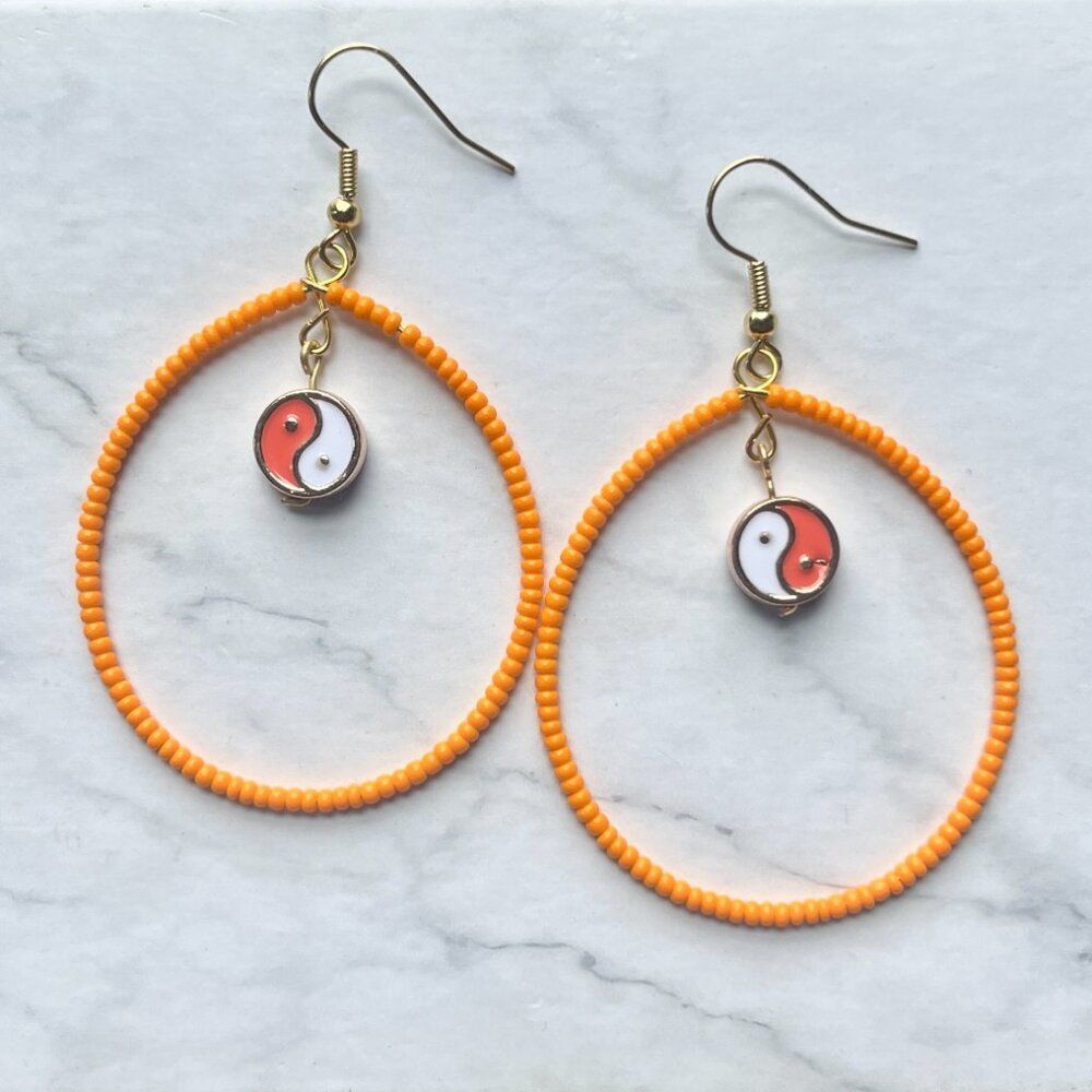 Filled Bright Orange Tear Drop Earrings w/ Hanging Yin and Yang Charm